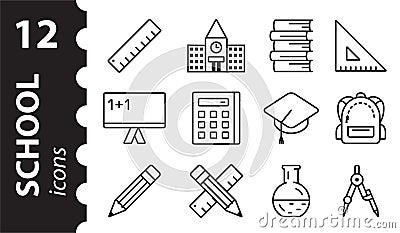 Set of school education icons. School supplies signs isolated on white background. Cartoon Illustration